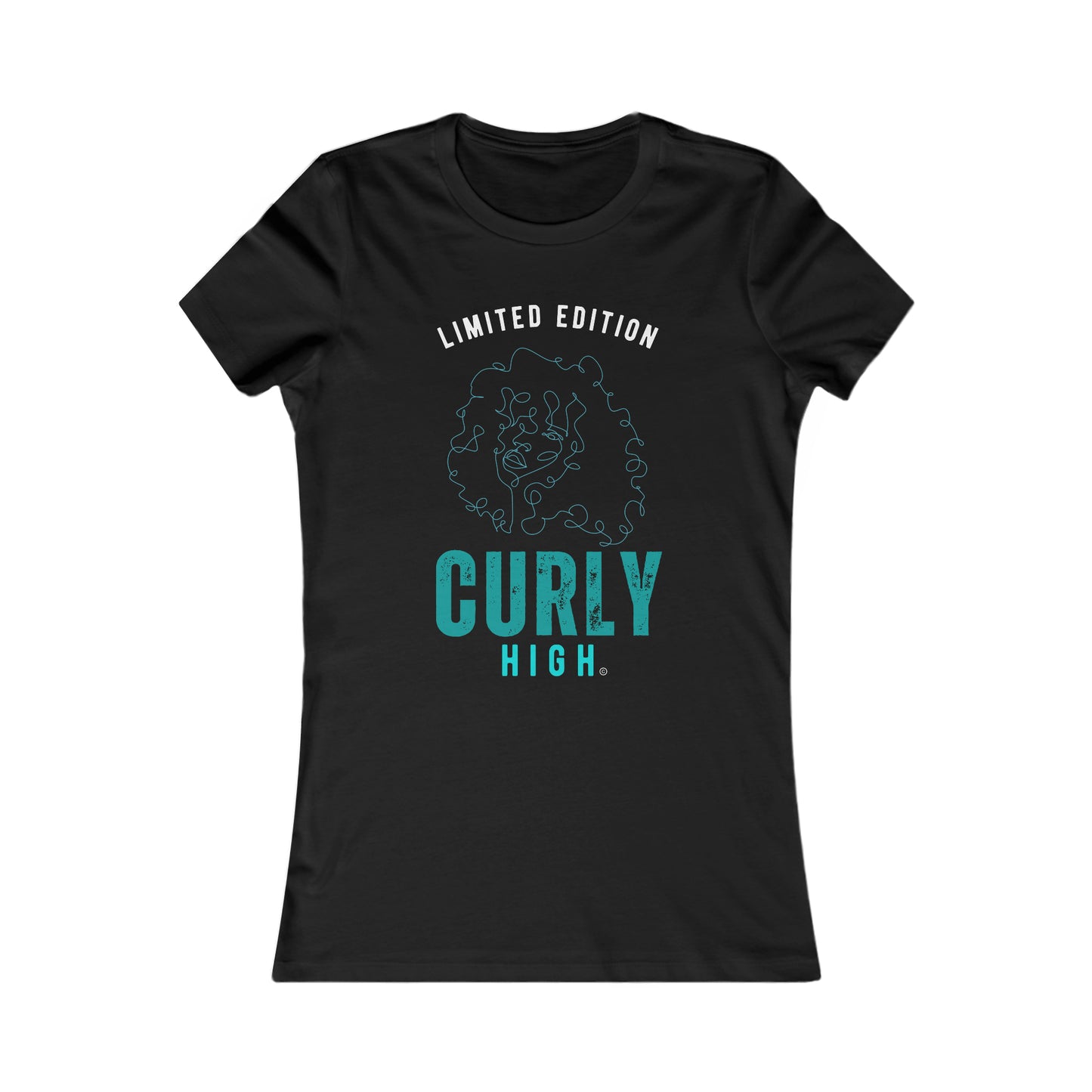 Black women's t shirt. On the front is labeled Limited Edition in white letters, a outline of a woman's head in blue and words Curly High underneath in blue.