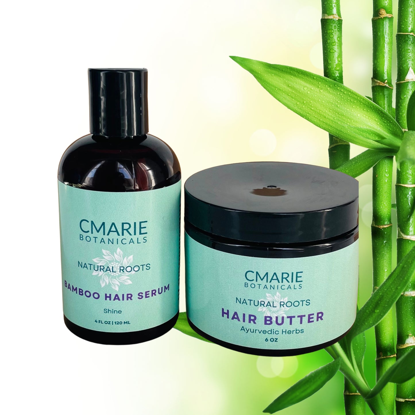 C MARIE Botanicals Bamboo Hair Serum and Natural Roots Hair Butter set displayed with a fresh bamboo plant backdrop. The Bamboo Hair Serum bottle is labeled 'Shine,' and the Hair Butter jar highlights 'Ayurvedic Herbs,' representing a natural, holistic approach to hair care.