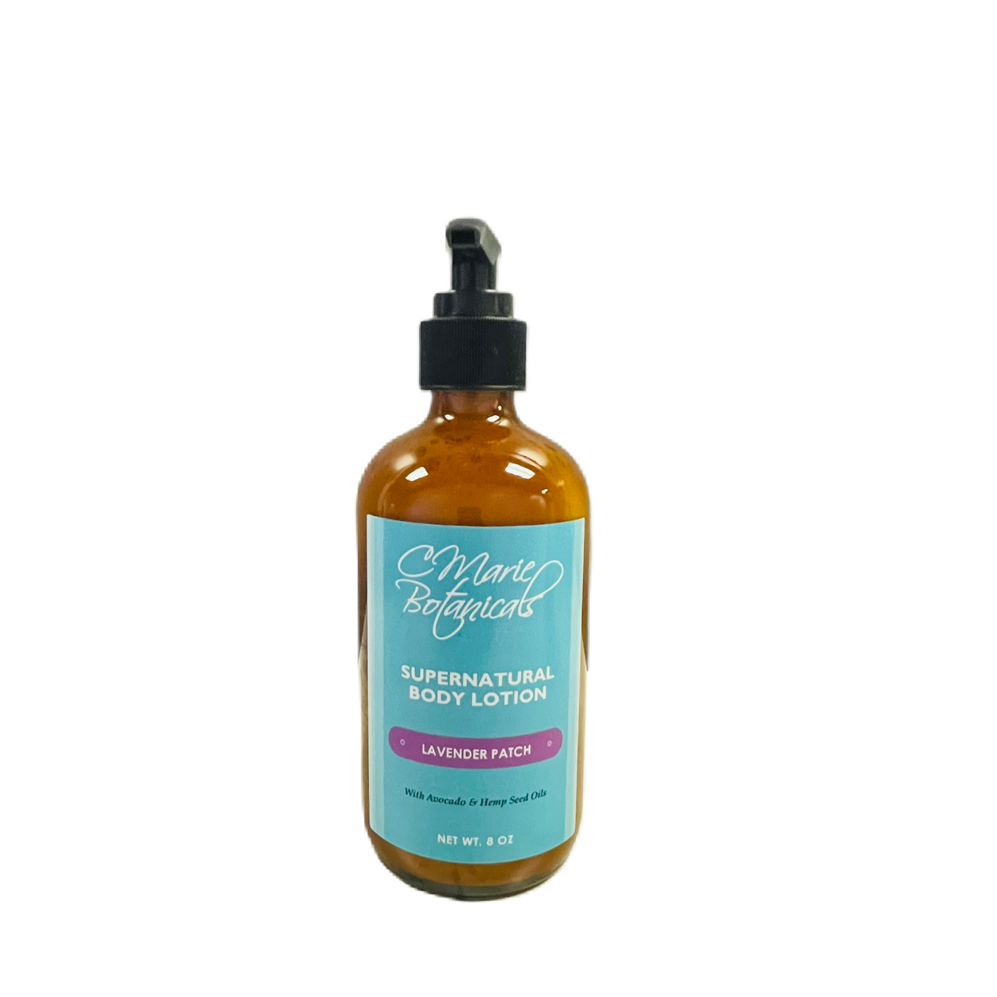 C Marie Botanicals Supernatural Body Lotion in an amber glass bottle with a pump, labeled Lavender Patch, featuring avocado and hemp seed oils, 8 oz.