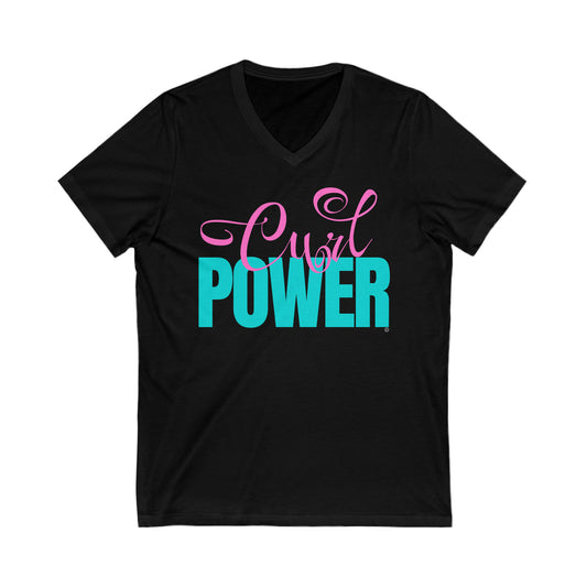 Black V neck Women's T shirt. It has Curl written in pink and the word Power written in blue below it.