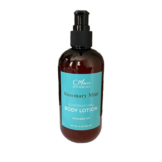 C Marie Botanicals Rosemary Mint Supernatural Body Lotion in an amber glass bottle with a pump, featuring avocado and hemp oils, 8 oz/240 ml.