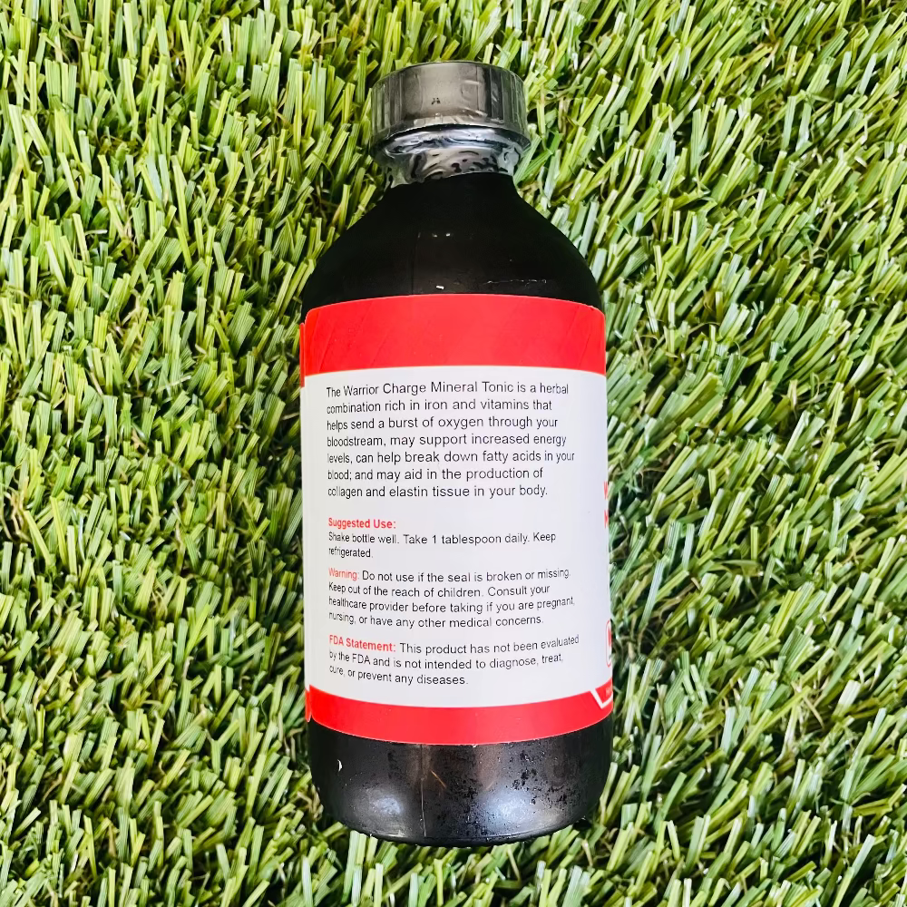 Back of label showing dosage and instructions for Warrior Charge Mineral Tonic
